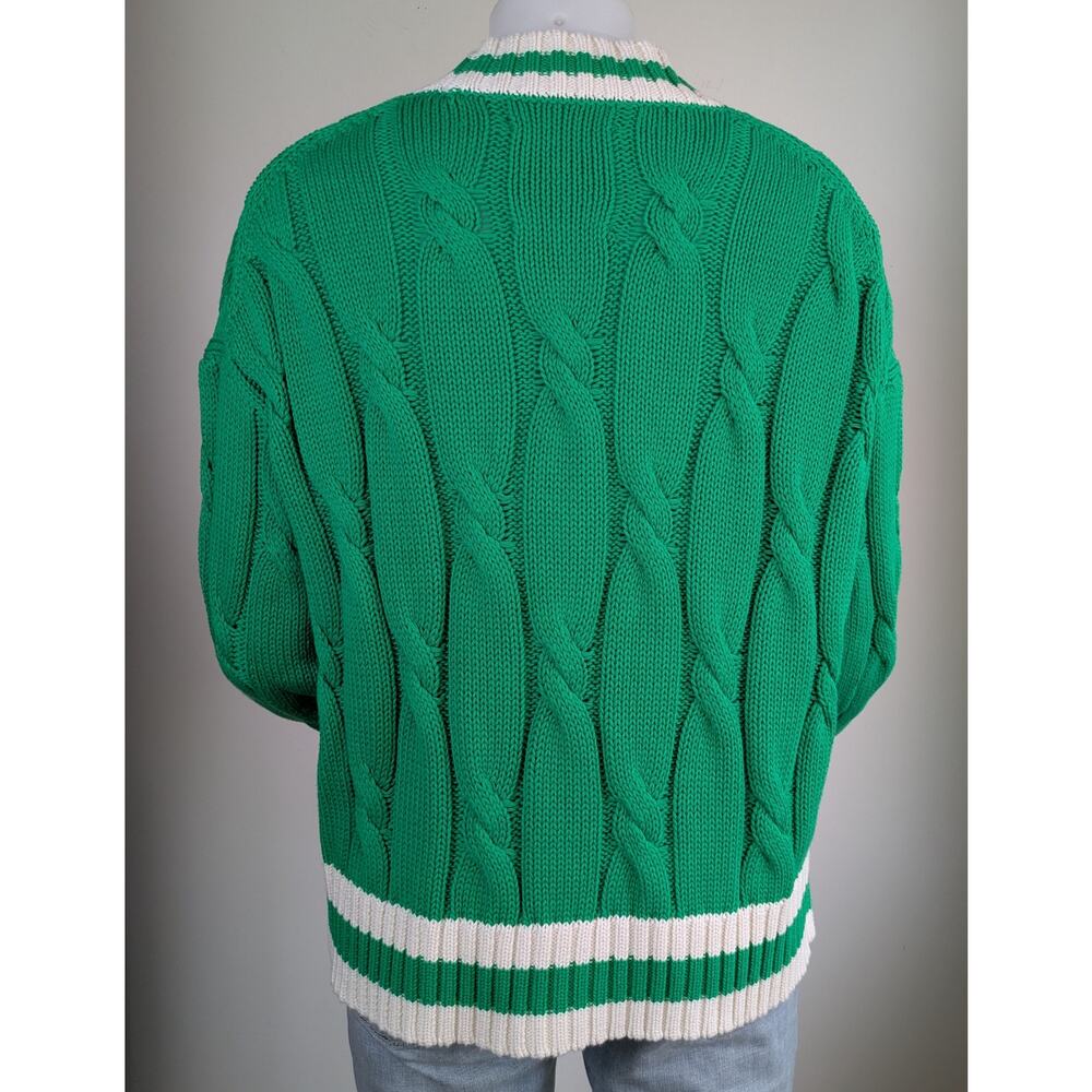 Aerie Cable Knit Sweater Medium Green White Striped V Neck Varsity Oversized - Picture 7 of 10